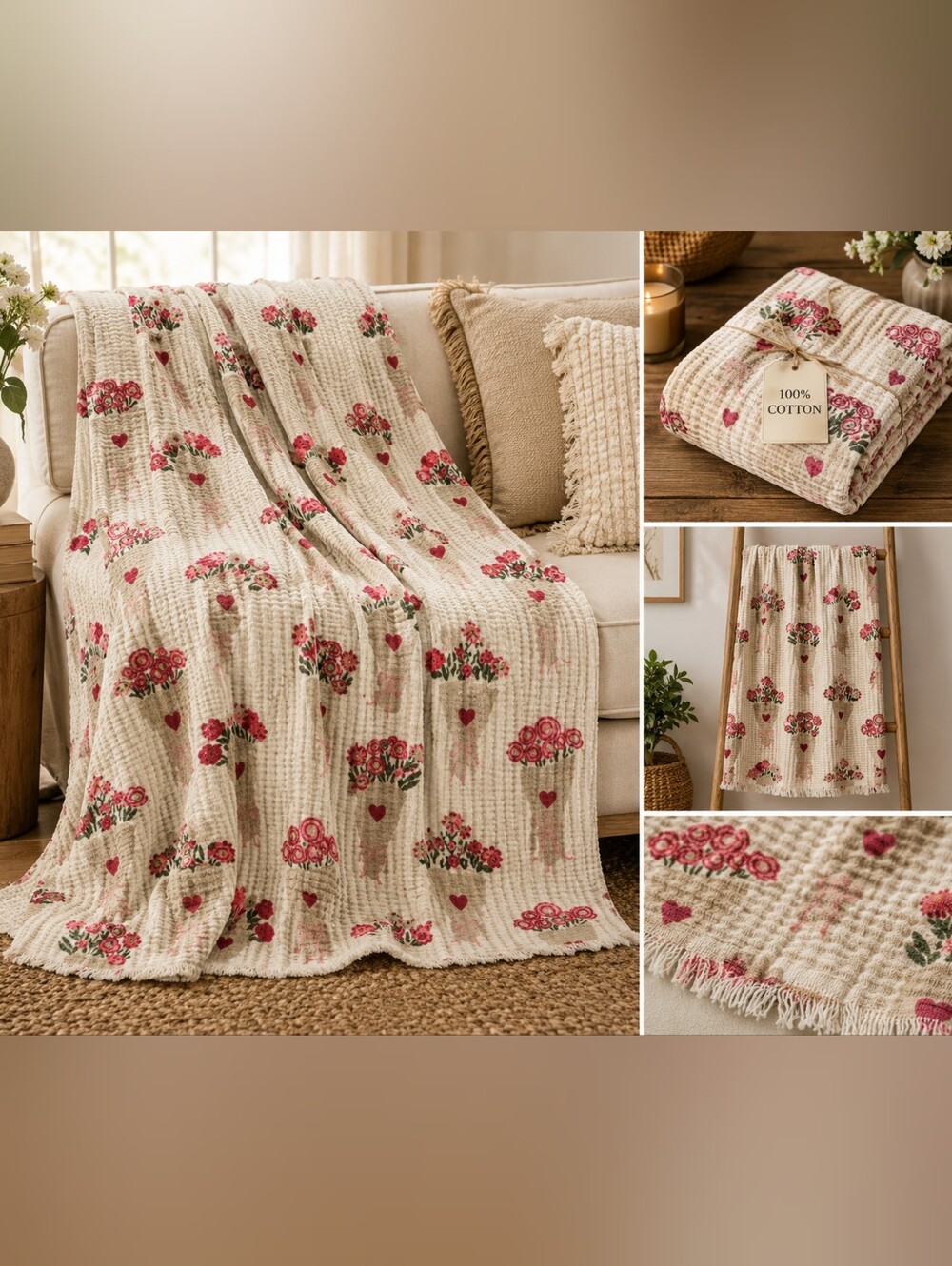 Nicole Miller Cream Waffle Throw with Pink Floral & Heart Accents